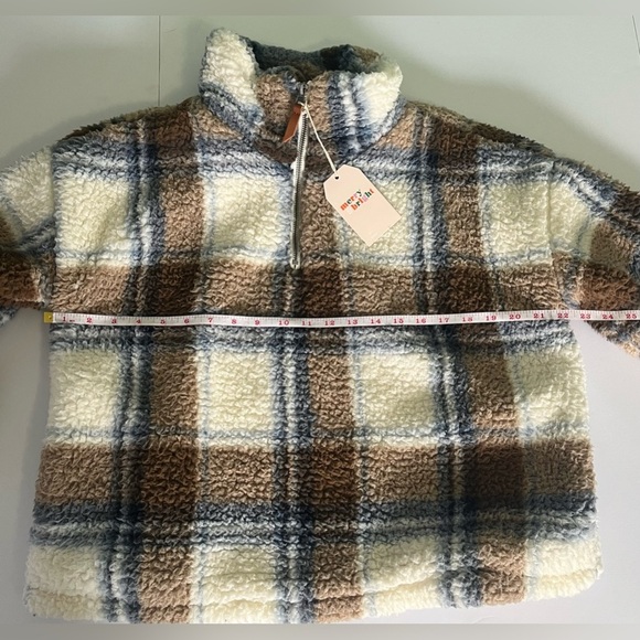 Thread & Supply Sherpa Cozy Soft Pullover Women’s M‎ Cream Blue Tan Plaid NWOT - Picture 6 of 10
